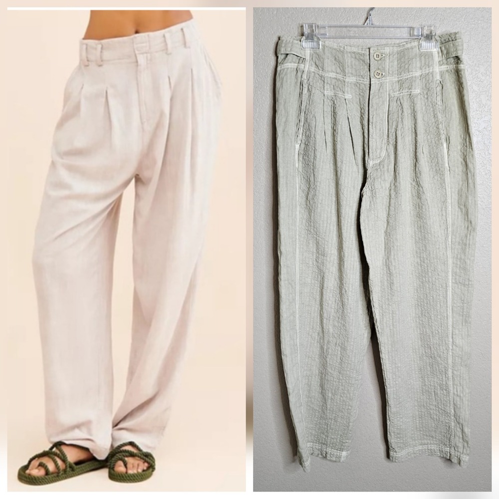 Free People Light Beige Pleated Wide-Leg Trousers